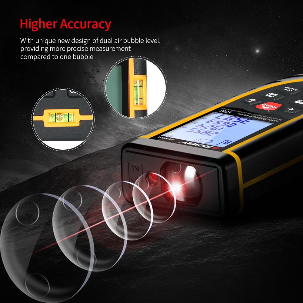 SNDWAY Handheld Digital Laser Distance Meter Portable Mini Range Finder High-precision Rangefinder with 30 Groups Data Storage LCD Display Backlight 2 Bubble Levels Diastimeter Distance Area Volume Measurement (50m)