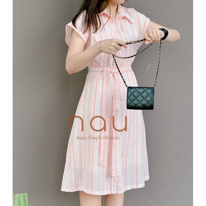 Đầm sọc cổ sơ mi dáng chữ A kèm dây eo