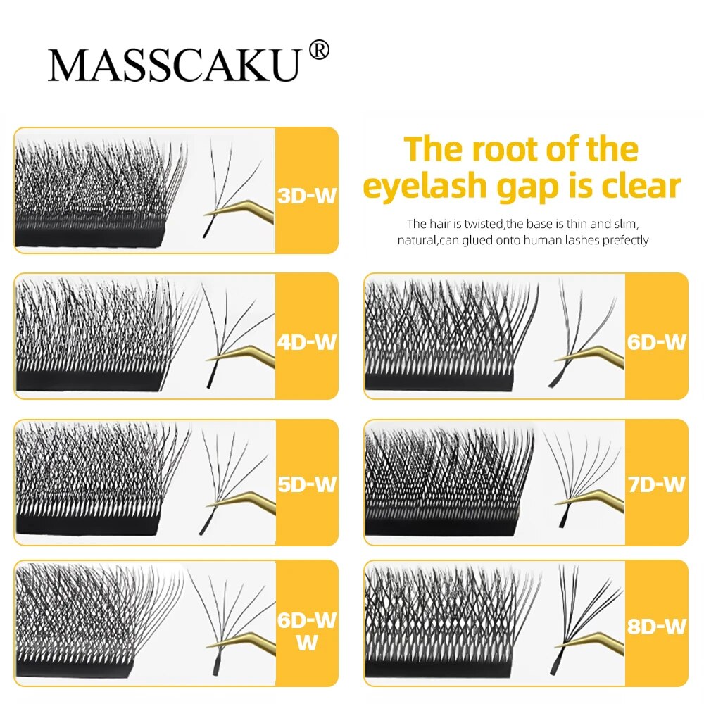 MASSCAKU W Shape Hand Waved 3D 4D 5D 6D Premade Fans Eyelash Extension Soft Light Individual Automatic Flowering Natural lashes. 