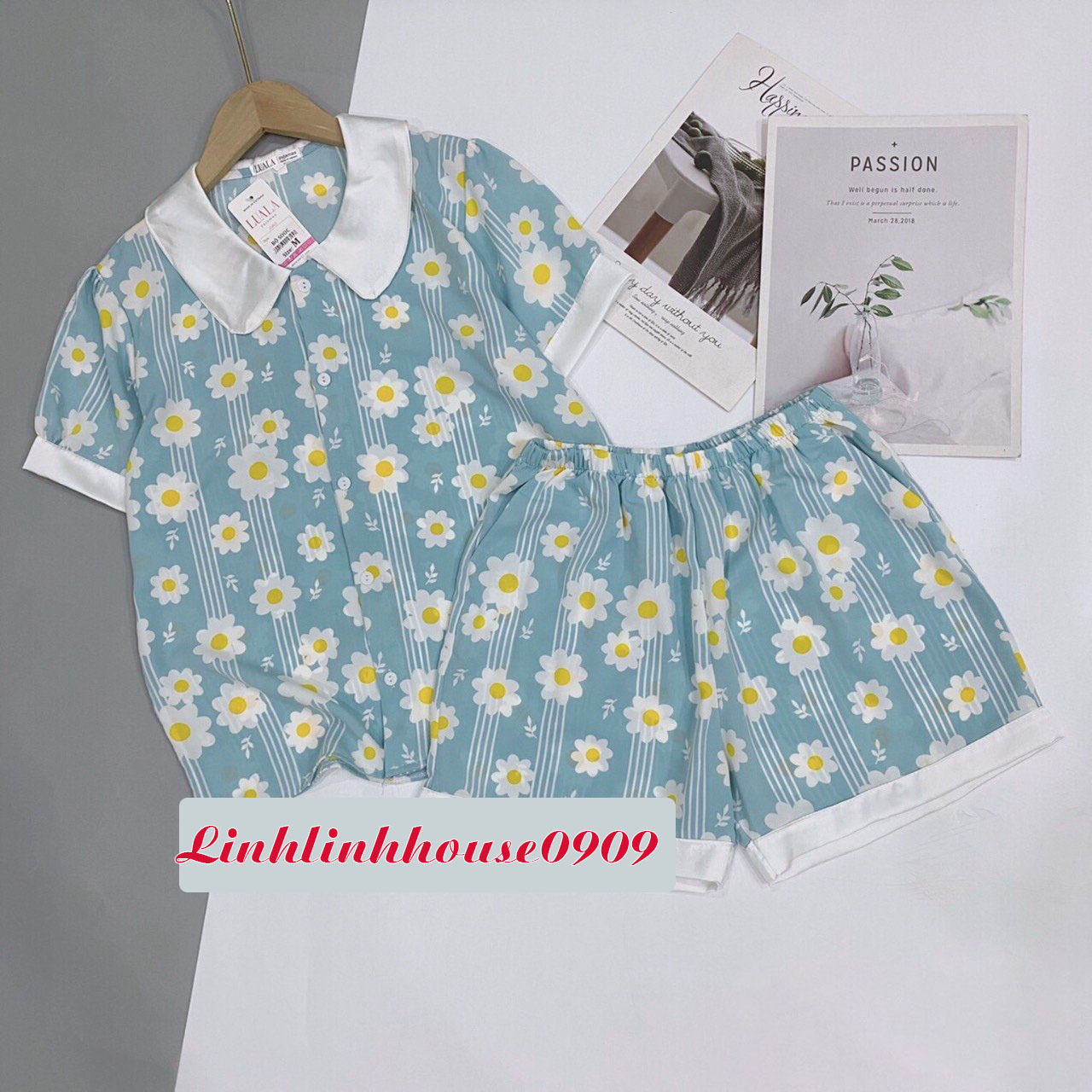 Đồ ngủ Pijama lụa cao cấp mango cộc đùi hoa cúc xanh