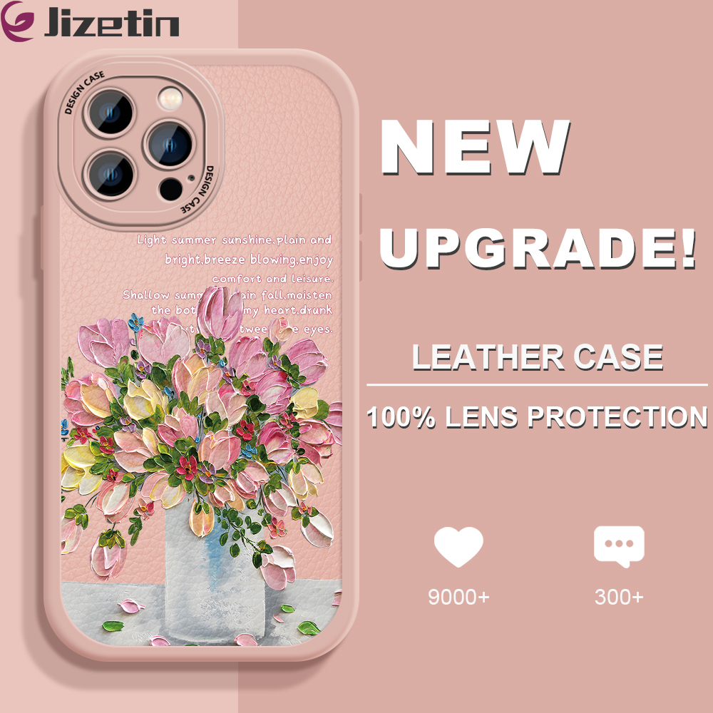 Jizetin Leather Case For iPhone 14 Plus iPhone 14 iPhone 14 Pro iPhone 14 Pro Max Slim Cartoon Flowers Leather Back Casing PU Leather Cover Phone Case