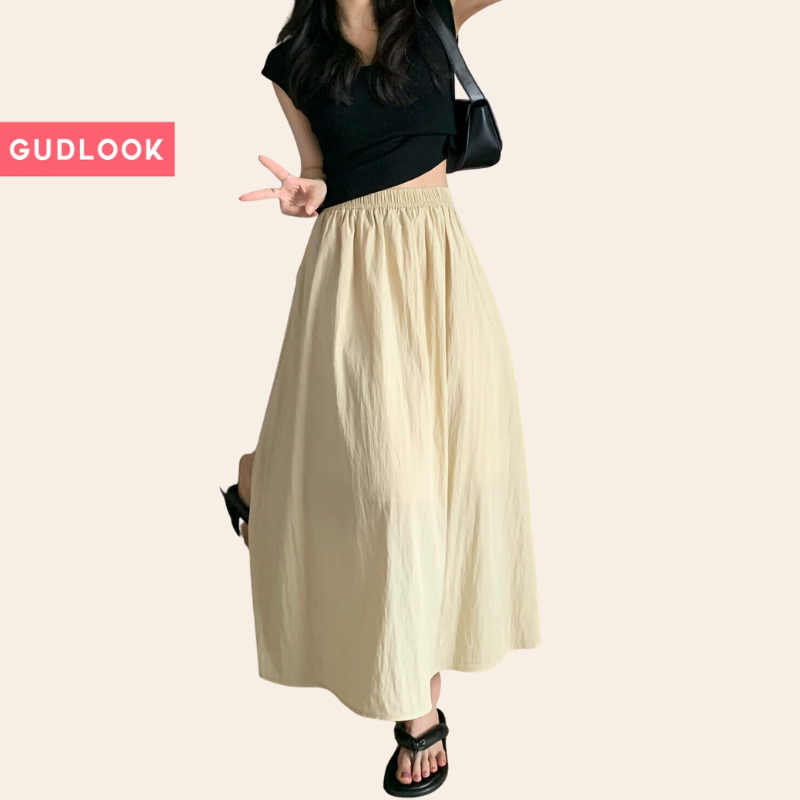 Chân Váy Dài basic Chữ A GUDLOOK Midi Trơn Basic 3 Màu Xếp Ly nhẹ