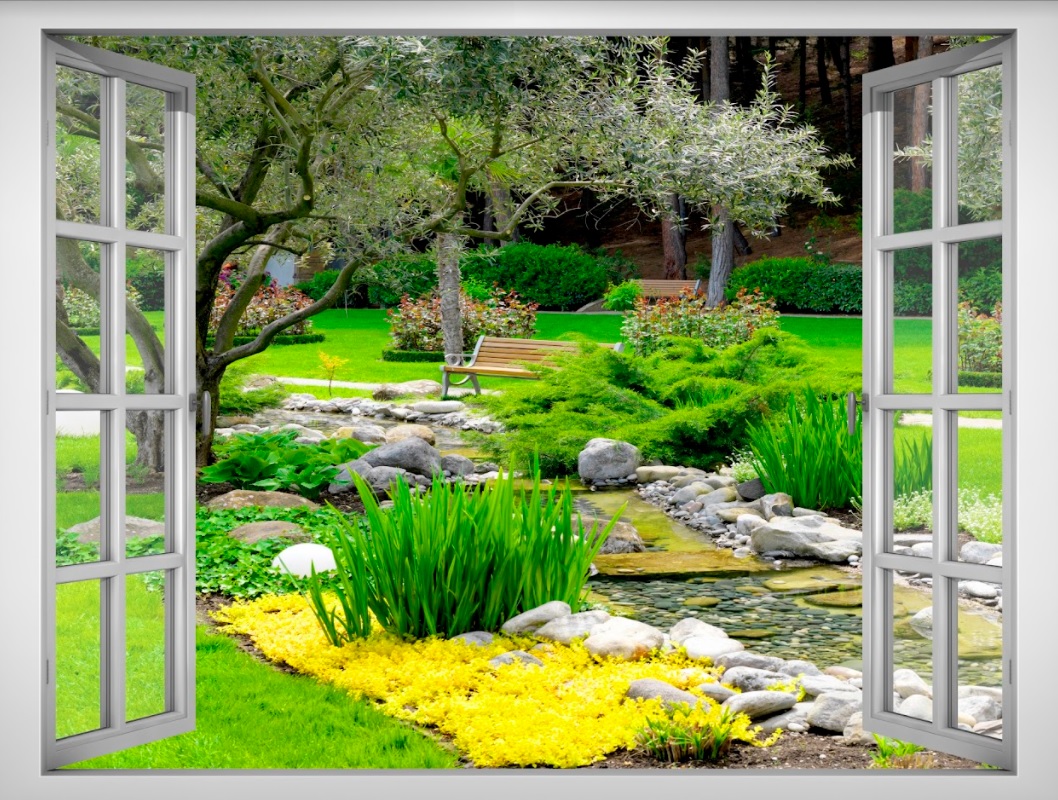 Tranh dán tường cửa sổ 3D cảnh đẹp khu vườn VTC VT0231