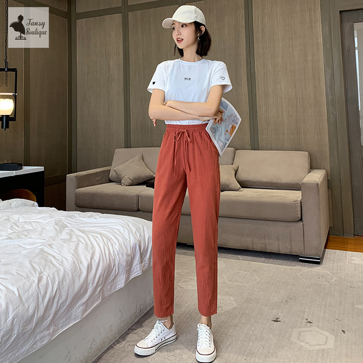 Quần baggy nữ vải đũi xước Hàn mặc cực mát