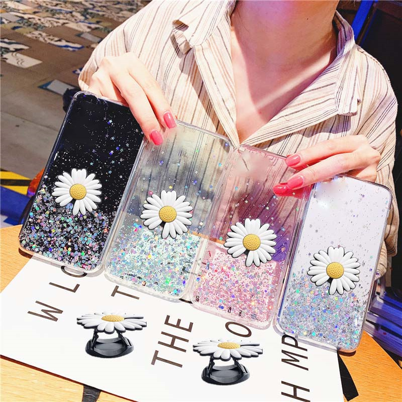 Phone Cover infinix Smart 8 Pro 8 Plus 7 Case Glitter Bling Soft Stars Moon Sequins Chrysanthemum Flowers Folding Bracket Transparent Silicone Cover For infinix Smart 8Plus 8Pro smart 7 Cases. 