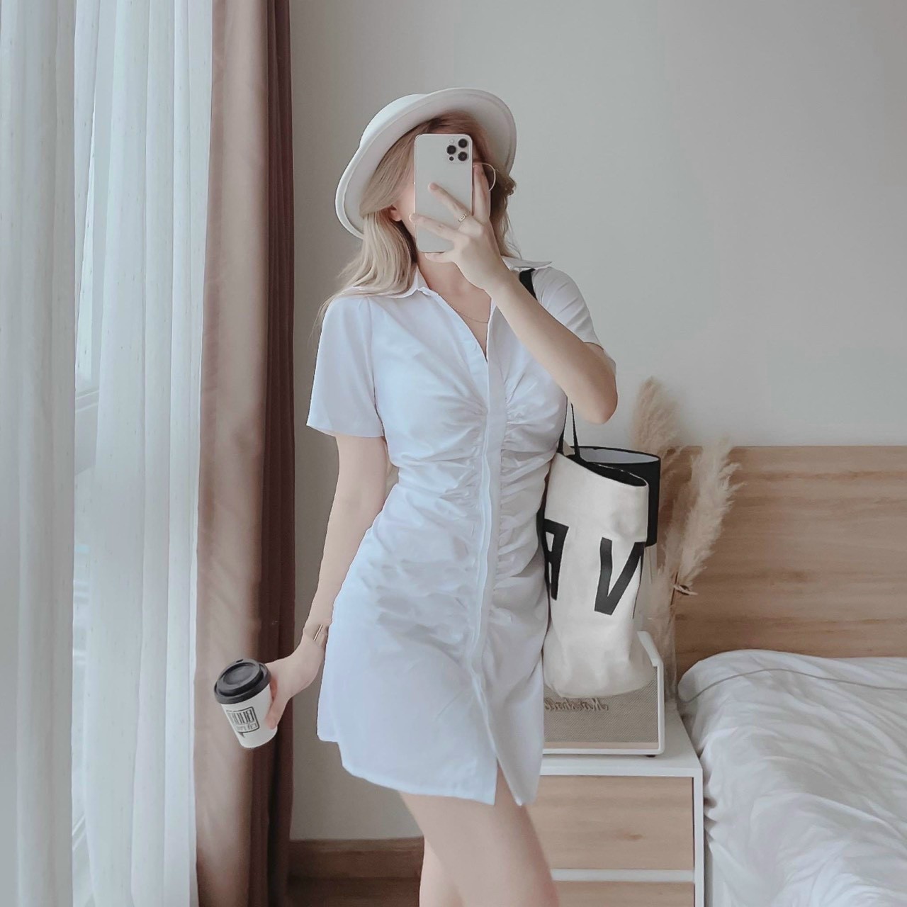 Đầm Body Cổ Sơ Mi Nút Dọc Nhún Xinh Xắn
