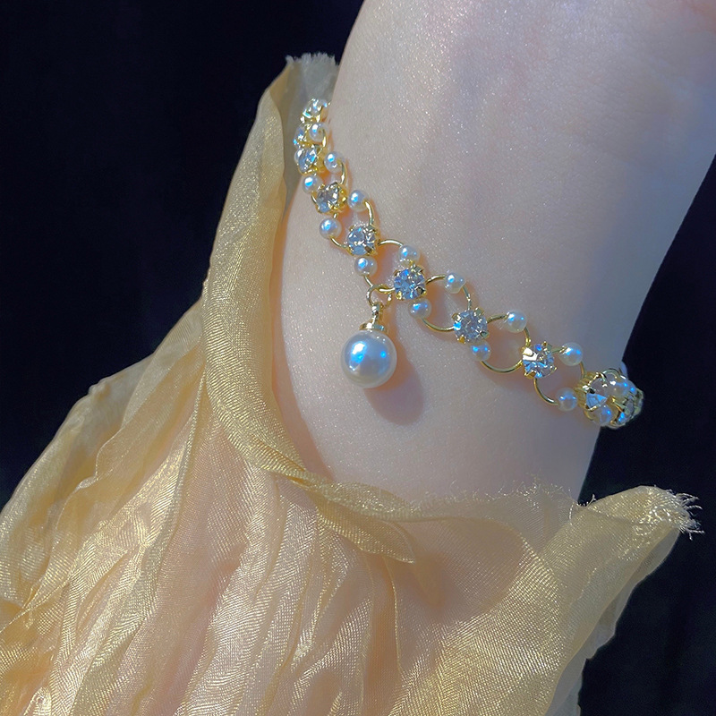 Frascati New Sweet Romantic Pearl Rhinestone Crossed Gold Charm Bracelet Accessories For Womans Party Korean Fashion Jewelry