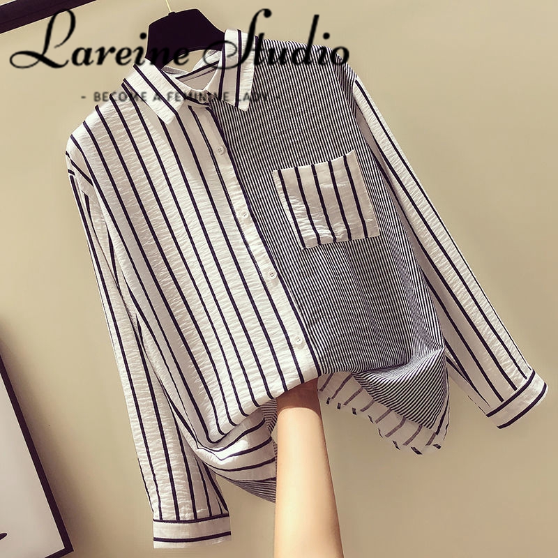 LAREINE Women's Long Sleeve Shirt Fashion Striped Plus Size Button Shirt Blouse with Pockets