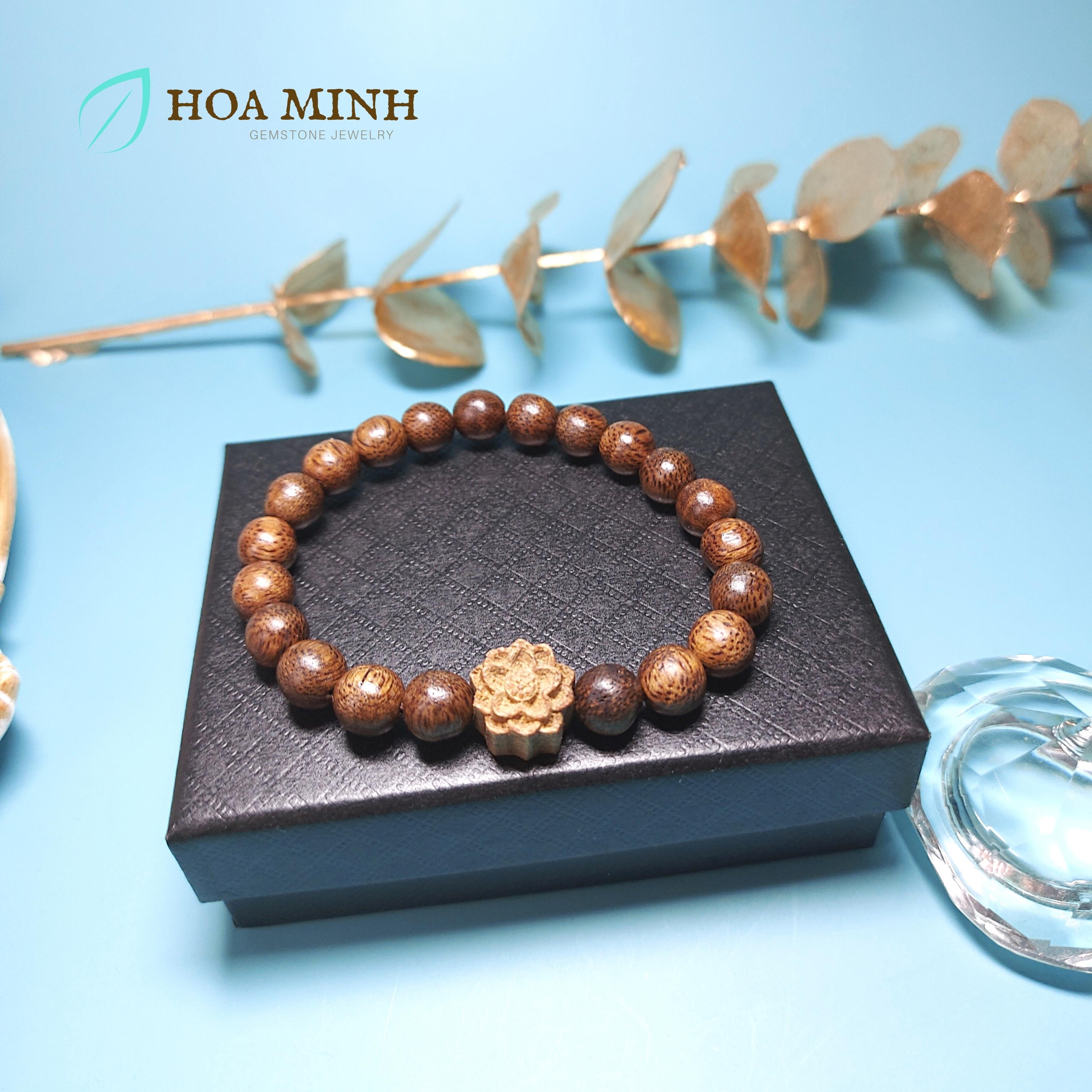 Vòng tay Trầm Hương Trầm Tốc 8mm phối Charm Hoa trầm hương Chuỗi trầm hương phong thủy tài lộc | Hoa Minh Gem