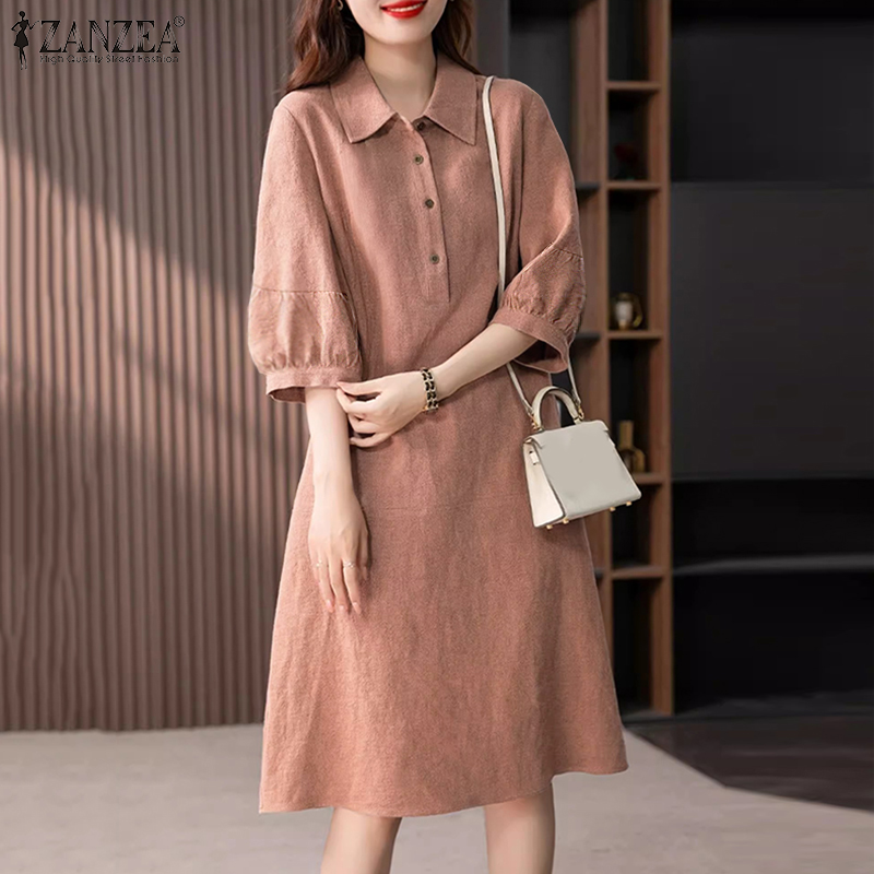 ZANZEA%20Korean%20Style%20Women's%20Dresses%20Casual%20Cotton%20Linen%20Short%20Sleeve%20Lapel%20Plain%20Loose%20Shirt%20Dress%20-%20Image%202