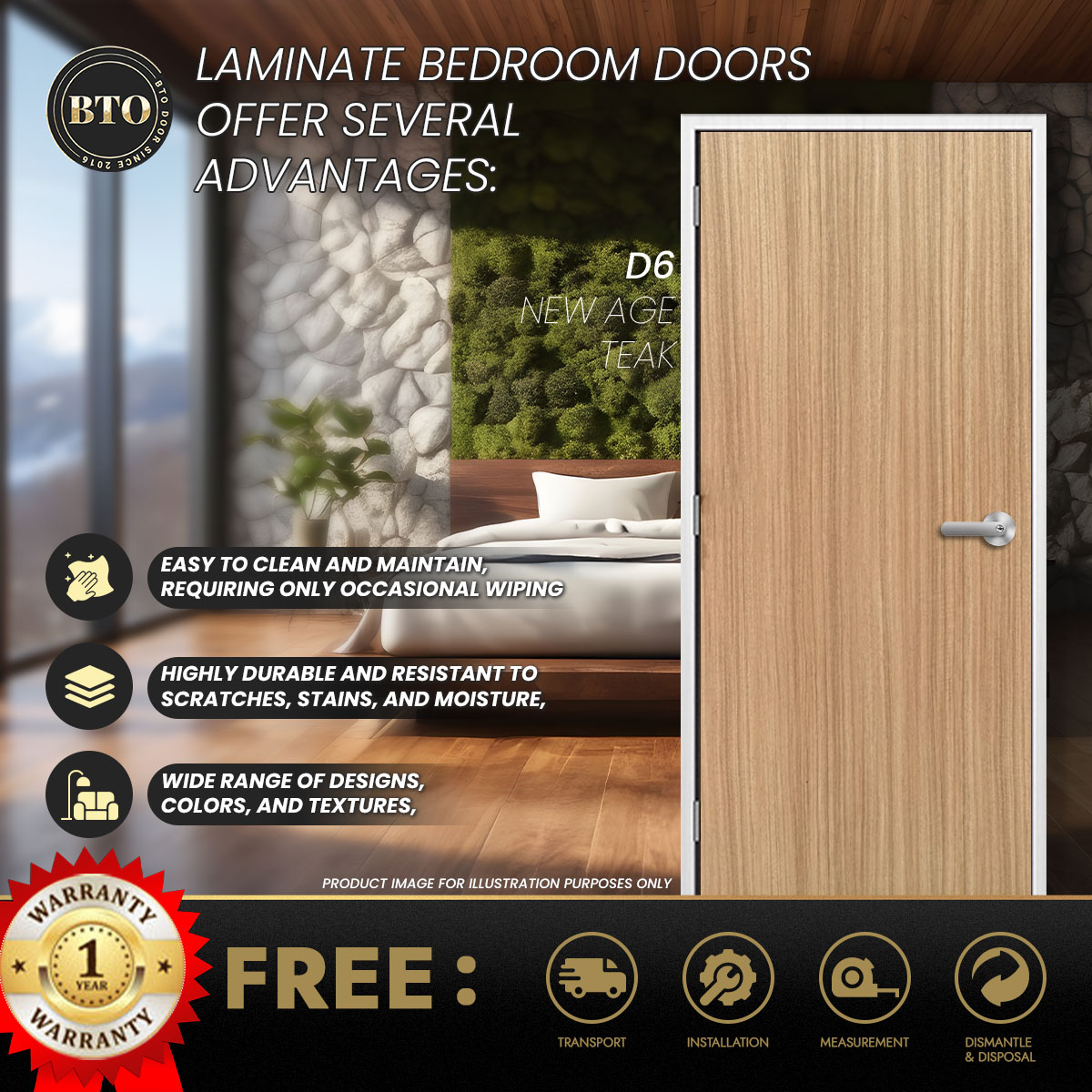Solid Laminate Bedroom Door, Woodgrain Series, Suitable For HDB Flats