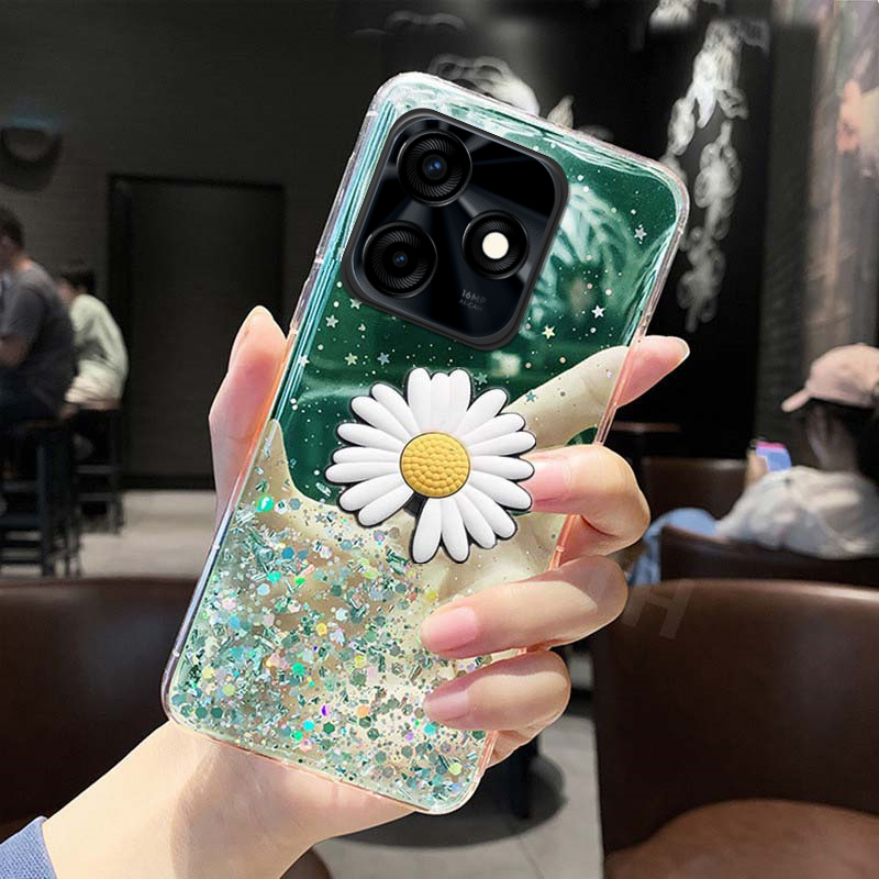 Phone Cover infinix Smart 8 Pro 8 Plus 7 Case Glitter Bling Soft Stars Moon Sequins Chrysanthemum Flowers Folding Bracket Transparent Silicone Cover For infinix Smart 8Plus 8Pro smart 7 Cases. 