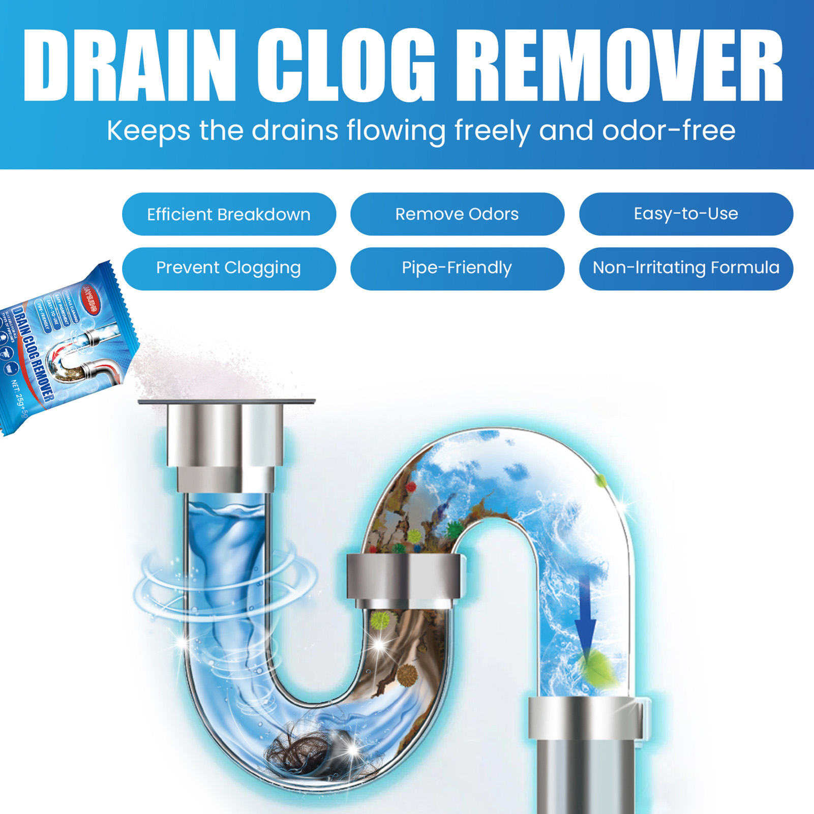 Emachinery hiệu quả Que thông cống hiệu quả phân hủy sinh học thoát nước dụng cụ lấy vật gây tắc nghẽn cho nhà bếp phòng tắm 6 cái/hộp Tóc ống thân thiện dung dịch cọ bồn rửa chống tắc nghẽn khử mùi bột