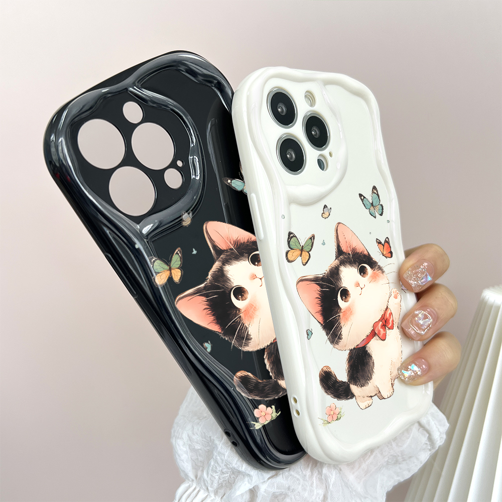 Jizetin for Samsung A10 Back Cover Kitten Playing Butterfly Cream Wavy Edge Soft Silicone Phone Case.