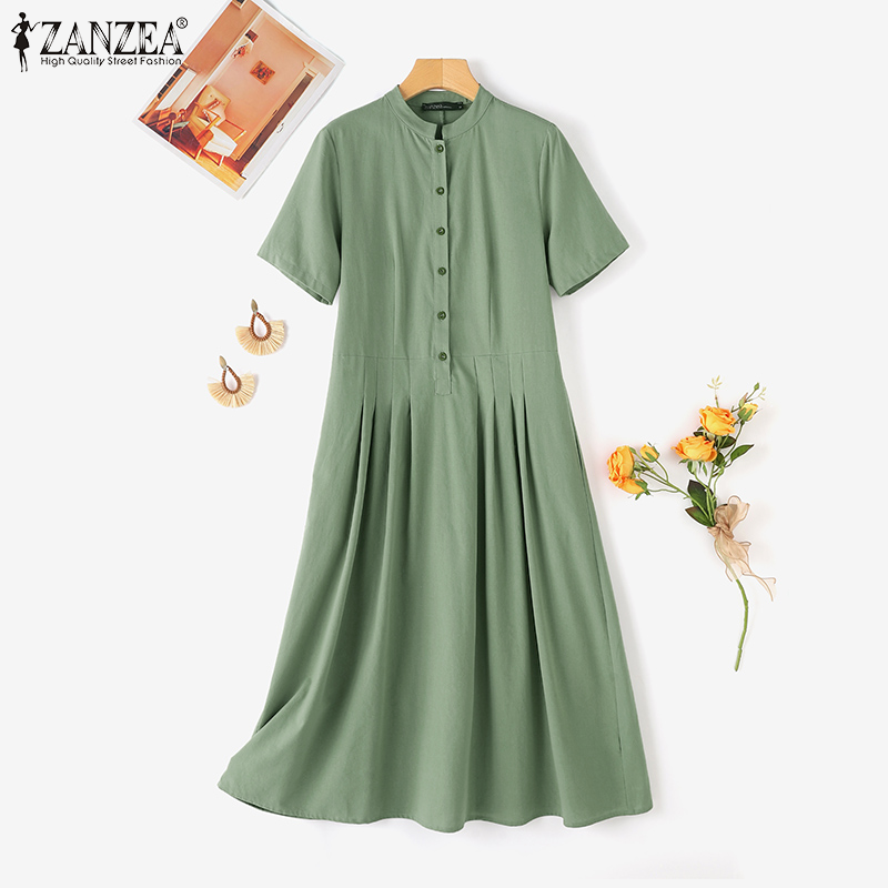ZANZEA%20Korean%20Style%20Women's%20Dresses%20Vintage%20Casual%20Round%20Neck%20Short%20Sleeve%20Solid%20Color%20Midi%20Dress%20-%20Image%206
