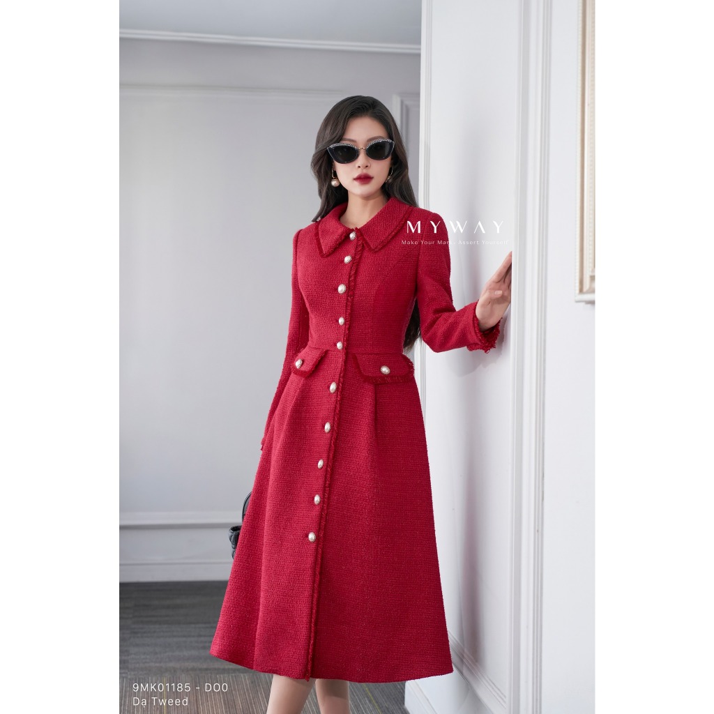 Áo khoác dạ tweed nữ my way cổ sen dáng dài chiết eo sang trọng 9mk01185