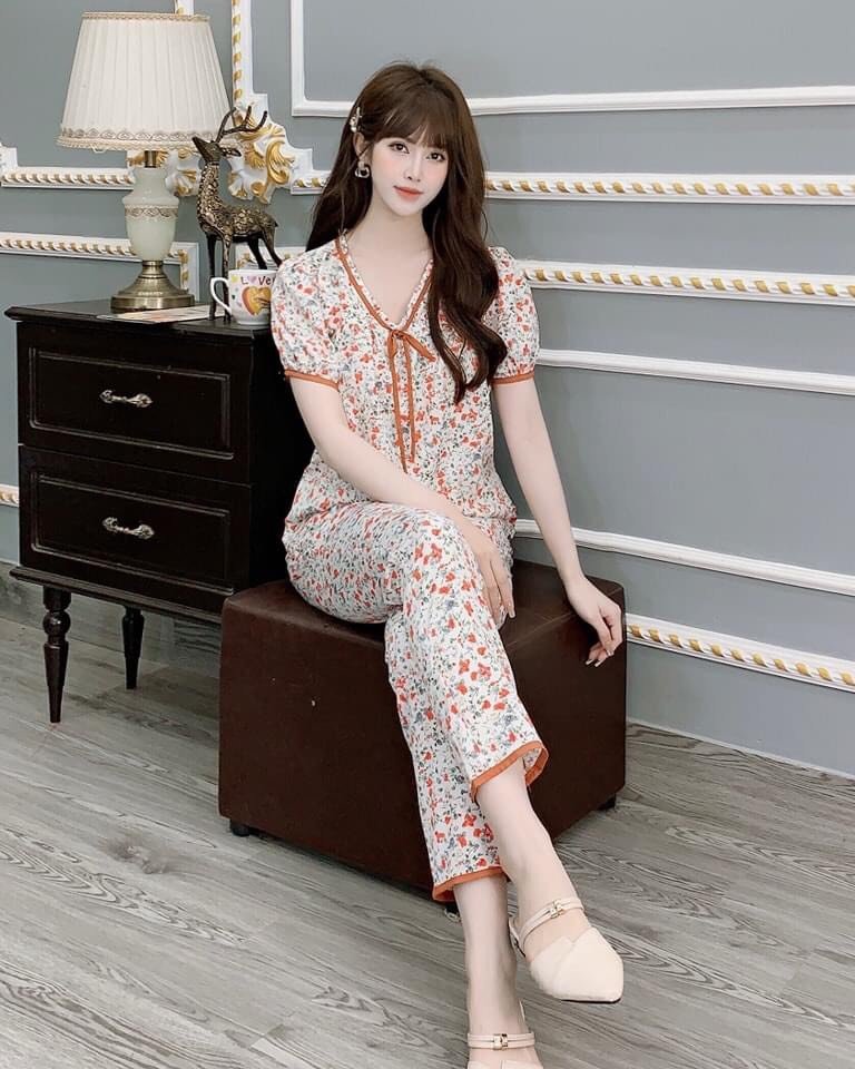 set bộ lụa hoa nhí 100d cổ tim đính nơ điệu đà