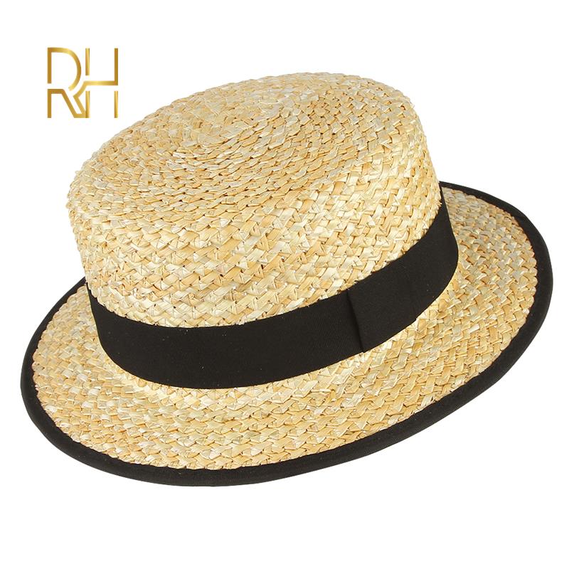 HOT%20Summer%20Female%20Natural%20Stiff%20Wheat%20Straw%20Boater%20Fedora%20Top%20Flat%20Hat%20Women%20Beach%20Flat%20Brim%20Cap%20With%20Red%20Navy%20Stripe%20Ribbon%20RH%20-%20Image%207