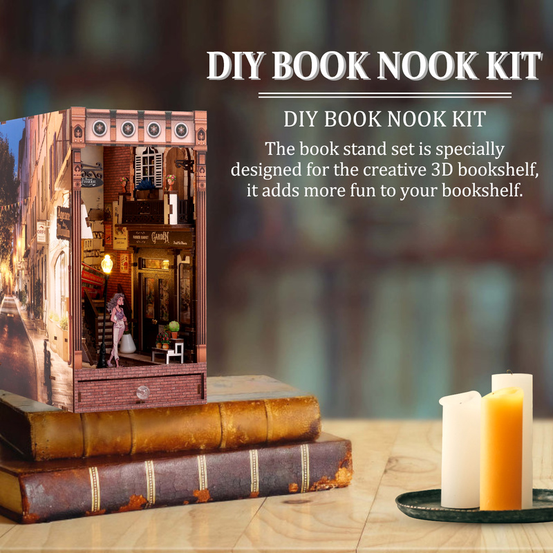 DIY Book Nook Kit 3D Wooden Puzzle Bookshelf Insert Decor with LED Light  DIY Miniature Dollhouse Model Kit 3D Bookend Kit Wooden Book Nook Kit Light  Up Book Nook Dollhouse Kit