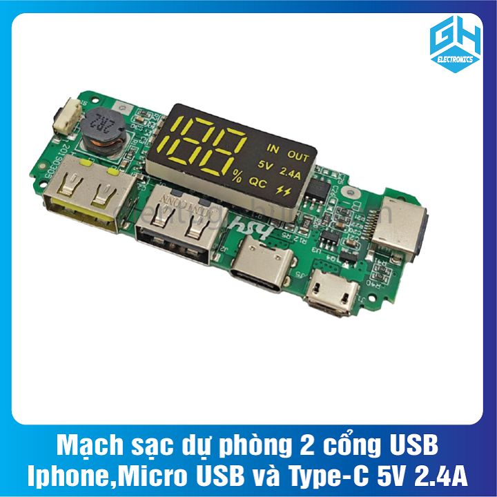 Mạch sạc dự phòng 2 cổng USB, Iphone, Micro USB và Type-C 5V 2.4A