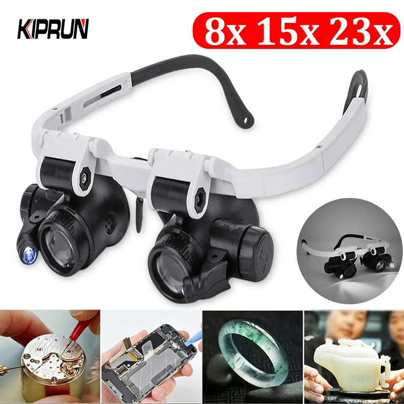 KIPRUN Magnifier Kính Lúp Kính Viễn Vọng Kính Hiển Vi Chiếu Sáng Gắn Trên Đầu Kép, 2 Đèn LED Kính Lúp Sửa Chữa Đèn LED Với Kính Lúp 8x 15x 23x