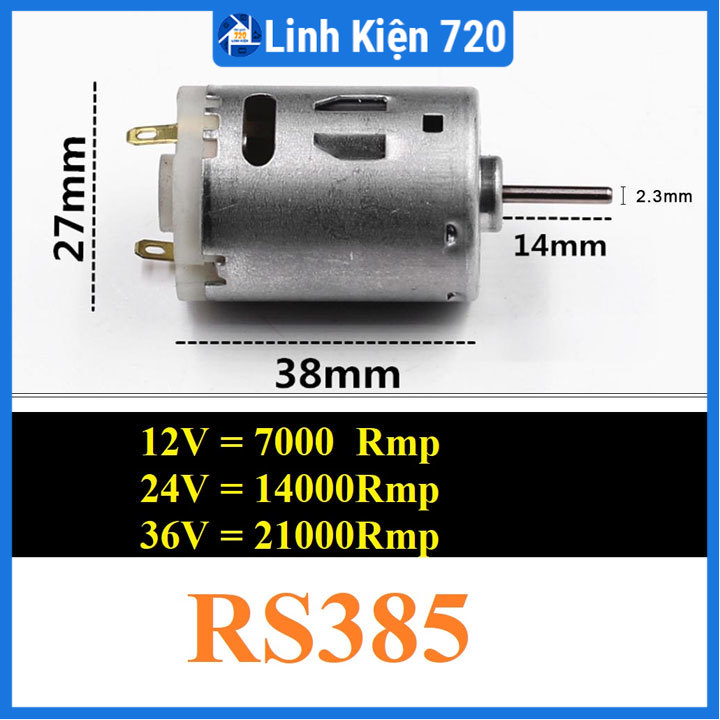 Động cơ DC RS385 12-36VDC tốc độ cao trục lắp 2.3mm