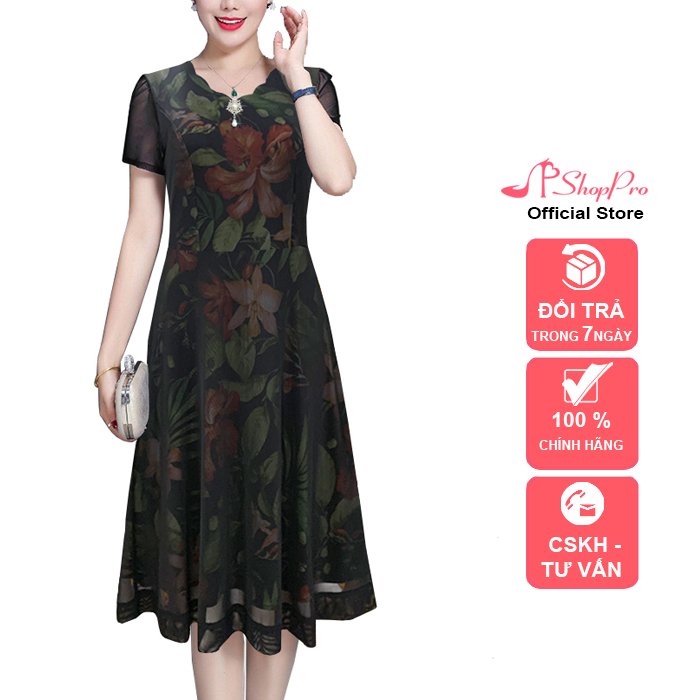 ShopPRO - Đầm Xoè Trung Niên Sang Trọng Kiểu Đầm  Xoè In Hoạ Tiết Phối Lưới Thun Kèm Phụ Kiện  3332 3323