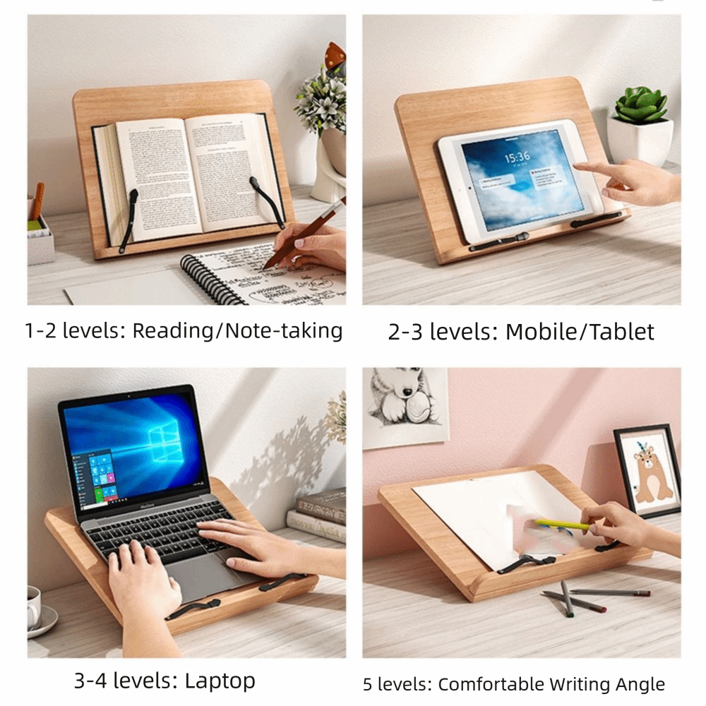 Portable Adjustable Angle Book Holder Tray Foldable Multi-Position Support Wooden Reading Stand 8 Modes with Clip Cookbook Bracket Reading. 