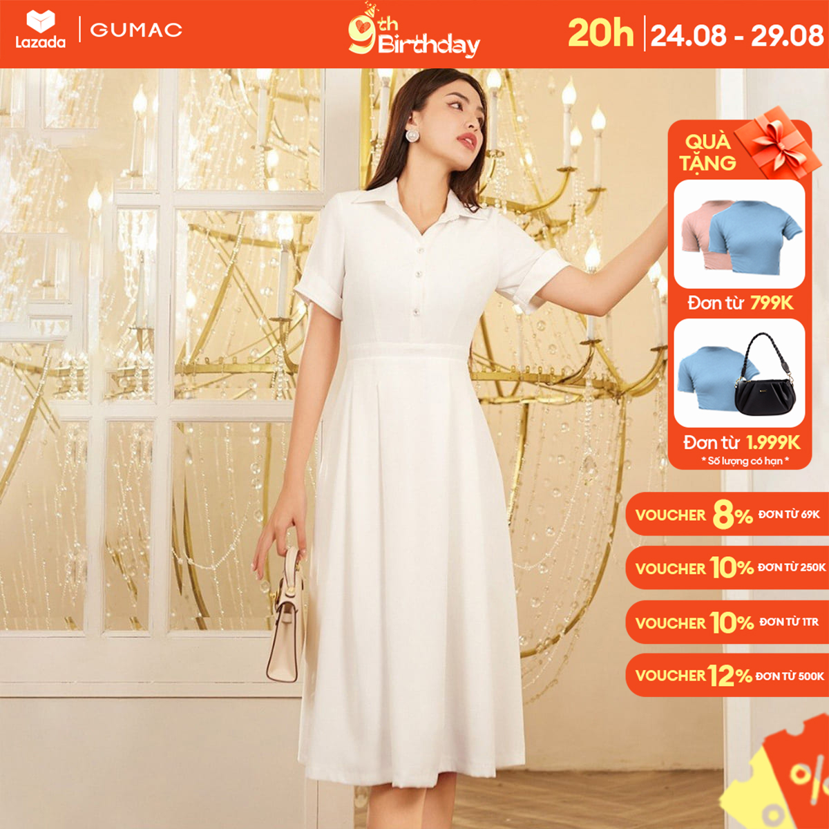 Đầm sơ mi tay lật thời trang gumac de01073