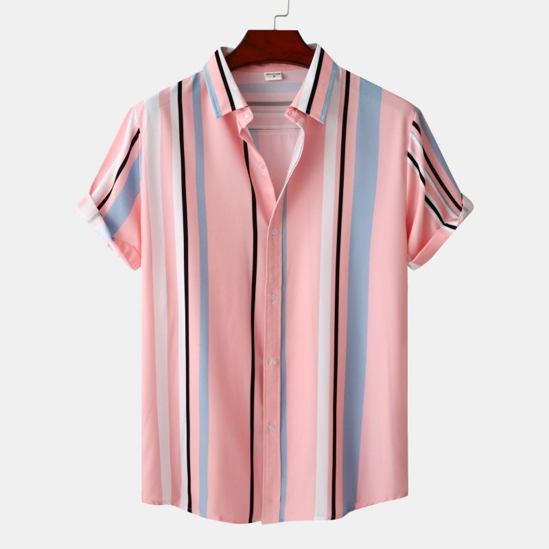 ✵◐¤ Men's Loose Pink Striped Short Sleeve Shirt Size Lapel