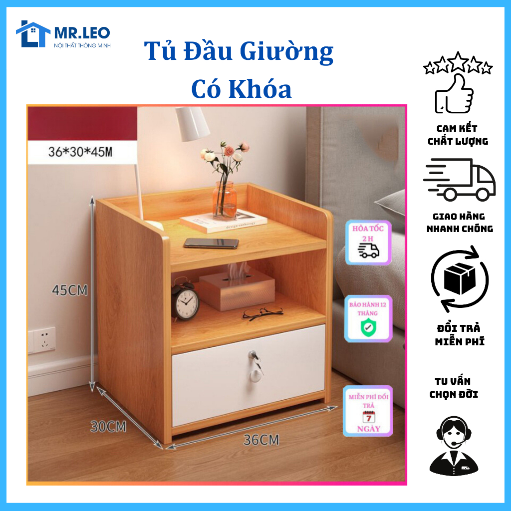 Tặng Tua Vít - Tủ Đề Đầu Giường - Tab Đầu Giường Gỗ MDF Cao Cấp Màu Gỗ Có Khóa An Toàn Lắp Ráp Dễ Dàng