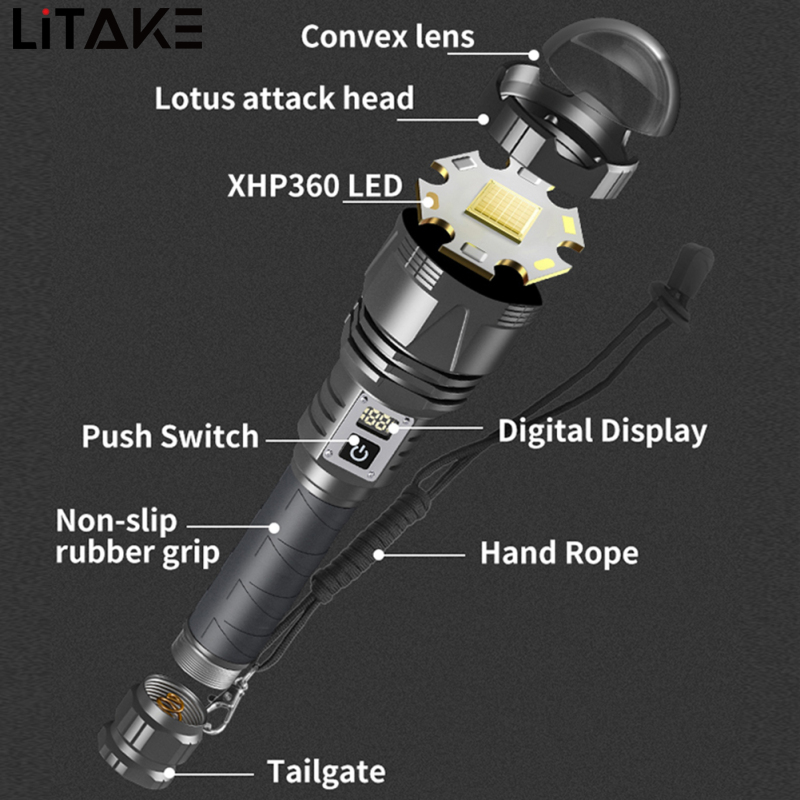 60W XHP360 Powerful Handheld Flashlights Digital Power Display IPX4 Waterproof Strong Light Long Range Outdoor Camping Flash Light Torch