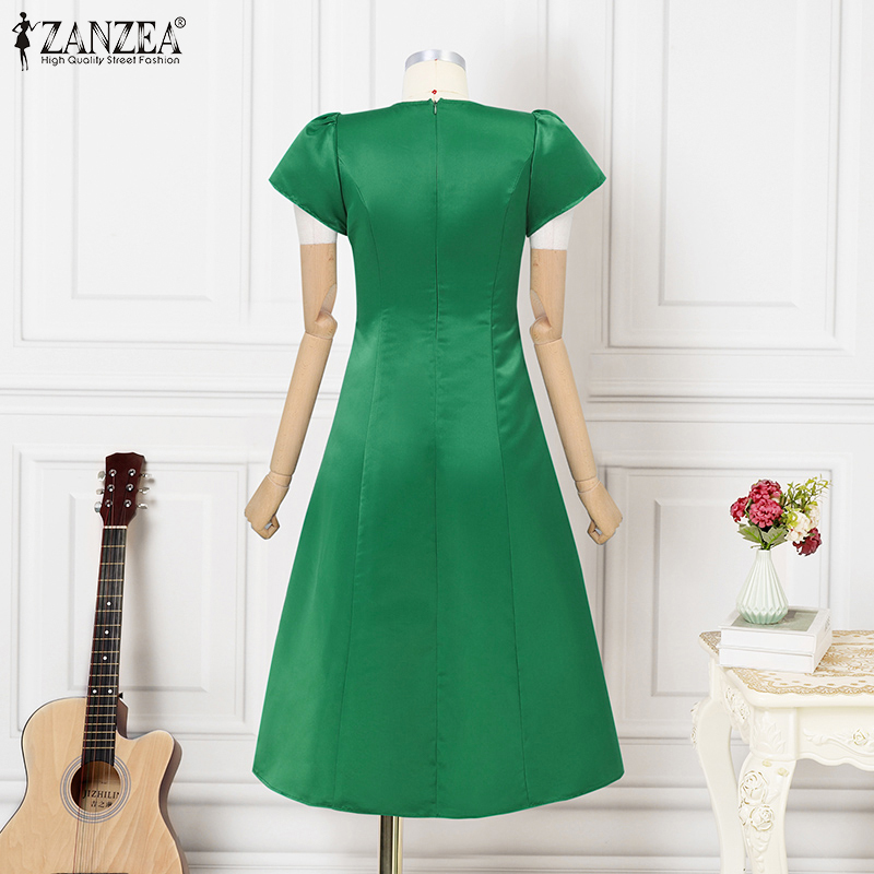 ZANZEA%20Korean%20Style%20Women's%20Dress%20V-Neck%20Puff%20Sleeve%20Dresses%20Party%20Prom%20Elastic%20Waist%20A-Line%20Dress%20-%20Image%206