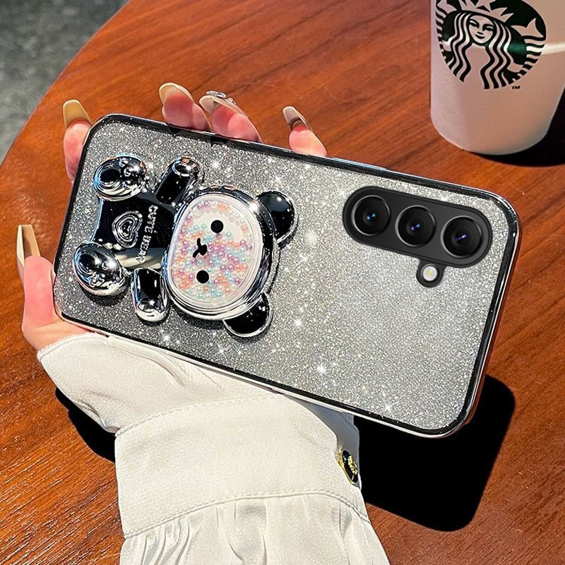New Phone case Smasung A07 A17 with Gradient 3D Bear Folding Stand Bracket Luxury Slim Plating Glitter Girls For Samsung Galaxy A07 A17 case.