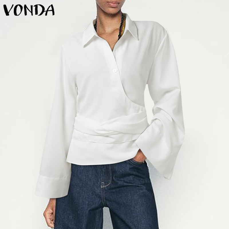 VONDA%20Womens%20Leisure%20Commute%20Lapel%20Bell%20Long%20Sleeve%20Shirts%20Slanted%20Placket%20Solid%20Blouses%20(Korean%20Causal)%20-%20Image%202