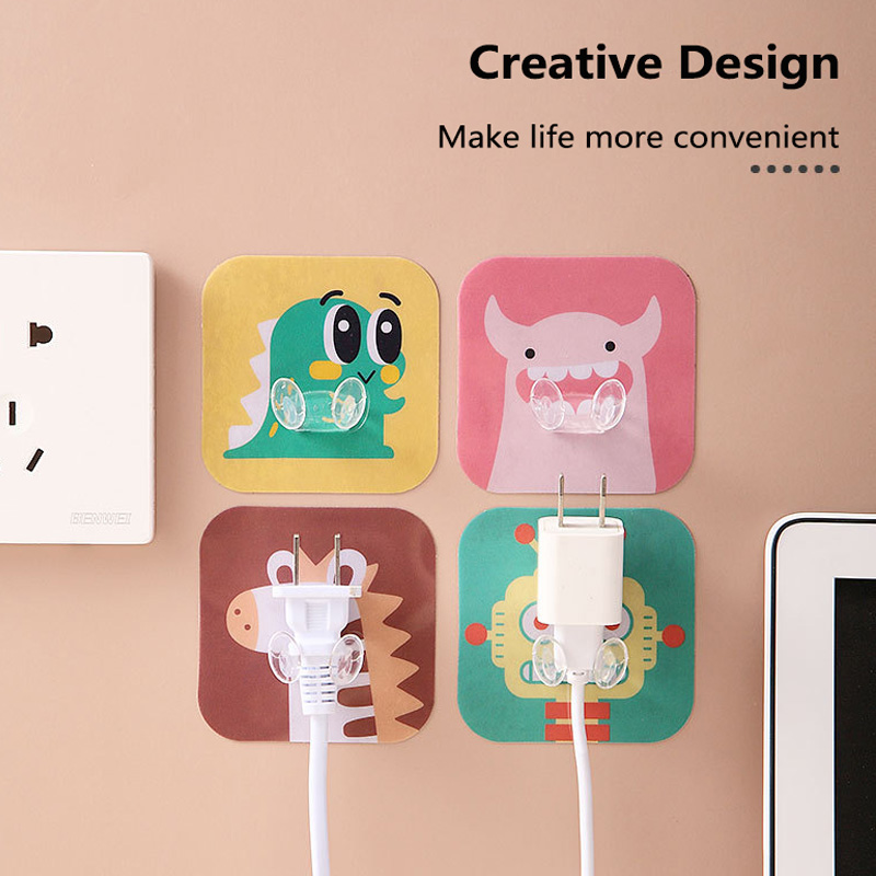 CHIPLY【Cartoon】4pc Set Cute Plug Wall Hook Seamless Plug Power PVC Hook Cord Storage Hook Sticky Hook Plug Fixing Frame 7.5*7.5cm