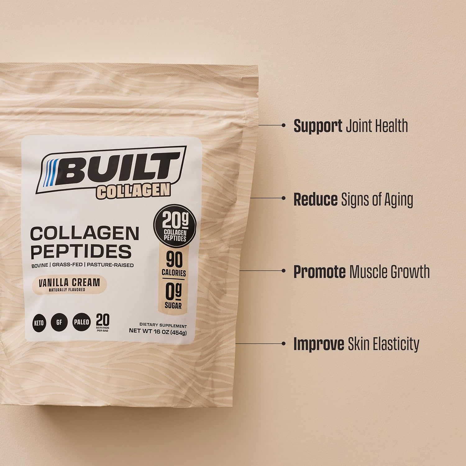 Built Collagen Peptides Powder - Collagen Powder - Hair, Skin, Nails, and Joint Support - Type I & III Grass-Fed Collagen Supplements for Women and Men - 16oz Bag - (Vanilla Cream). 