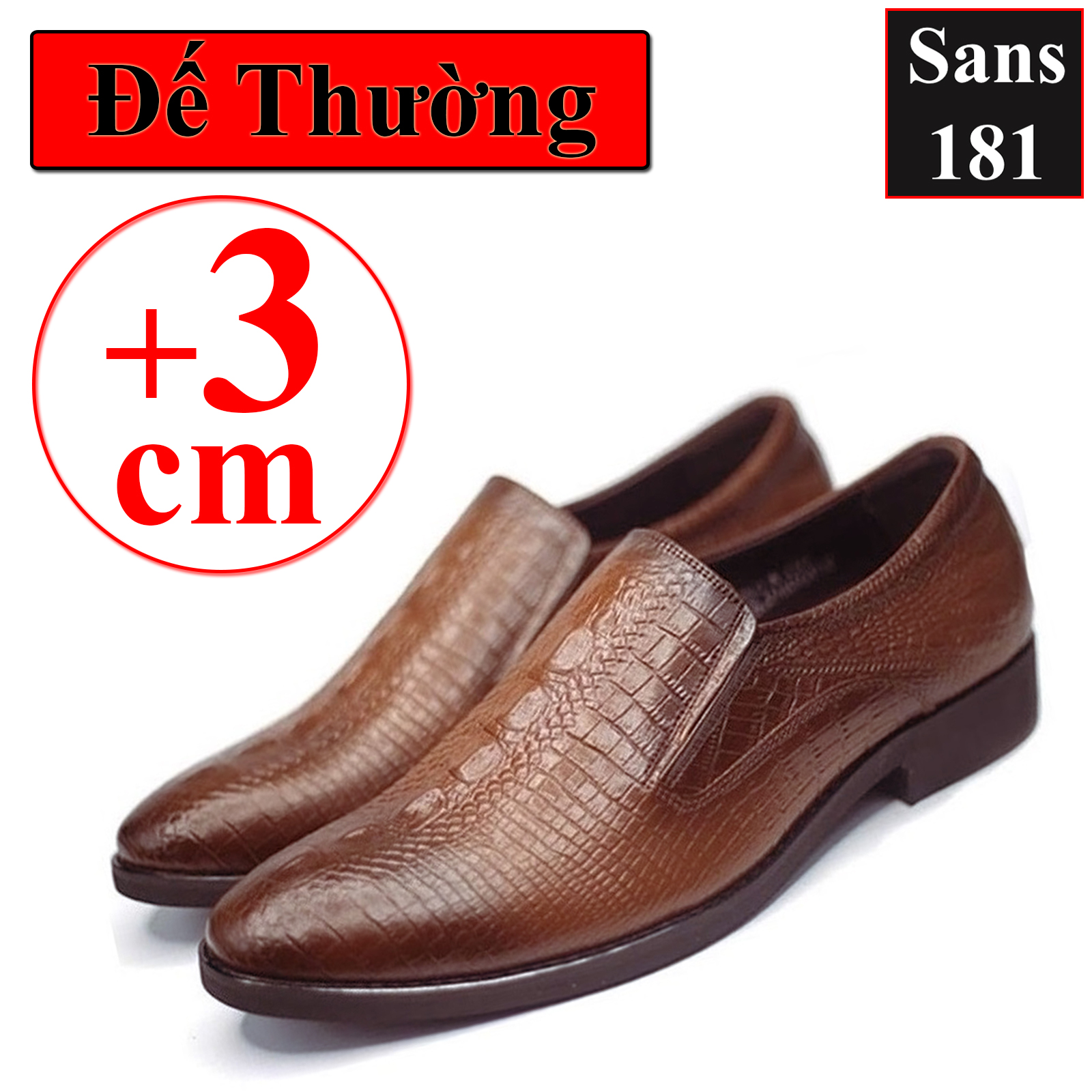 Giày tây da bò thật tăng chiều cao 6cm Sans181 giầy công sở nam lười âu dập vân cá sấu độn đế nâng gót chú rể mặc vest