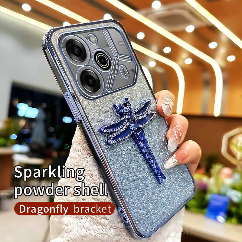 Phone case For Tecno Pova 6 Pro / Tecno Pova 5 Pro case shell Sparkling Gleaming 3D Cartoon Crystal Dragonfly Phone Holder Ultra-thin Silicone Transparent Soft Shell Cases Housing.