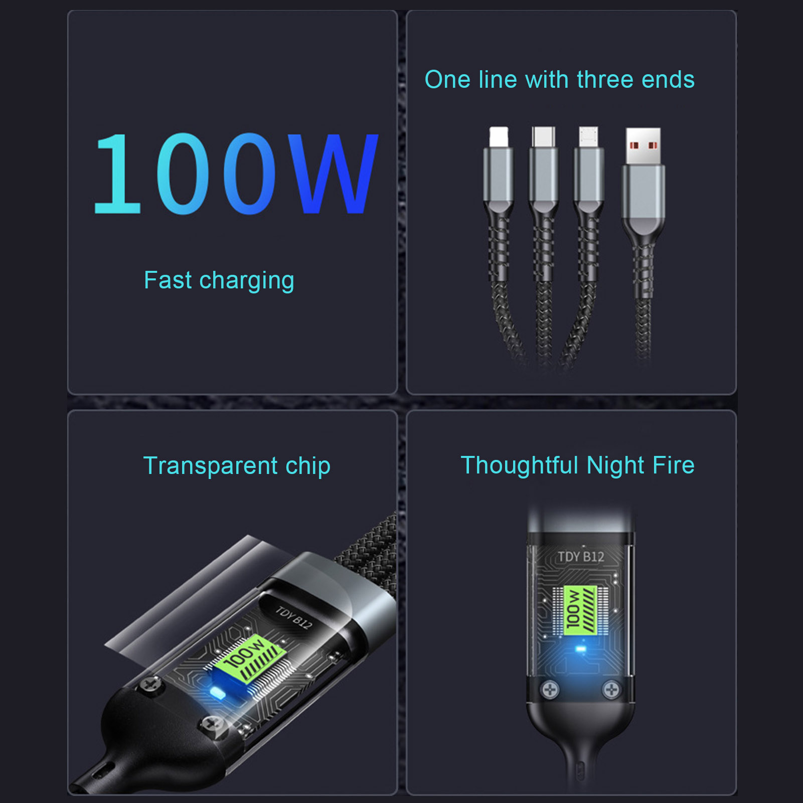 100w Fast Charging Cable High Power Usb Cable 3-in-1 Fast Charging Cable with Type-c and Micro Usb Connectors Multi Charger Cable for Universal Devices Nylon Braided