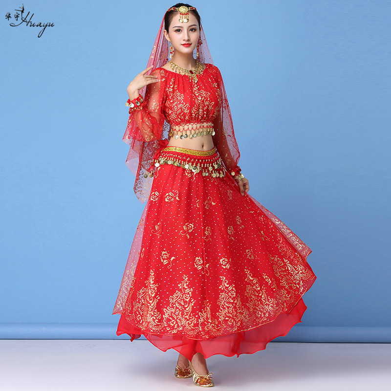 Trang phục biểu diễn múa bụng múa ấn độ mẫu mới huayu dance, váy dài tay voan, trang phục biểu diễn sân khấu nữ