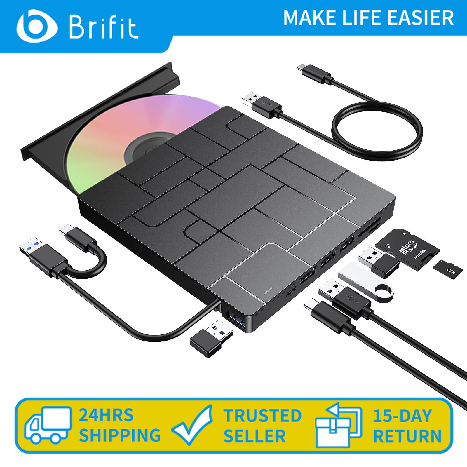 Brifit ổ đĩa dvd 6 trong 1 ổ đĩa quang gắn ngoài giao diện usb 3.0 & type-c ổ đĩa cd / dvd-rom combo dvd rw rom cho macbook, imac, máy tính xách tay, máy tính để bàn và máy tính xách tay hỗ trợ windows