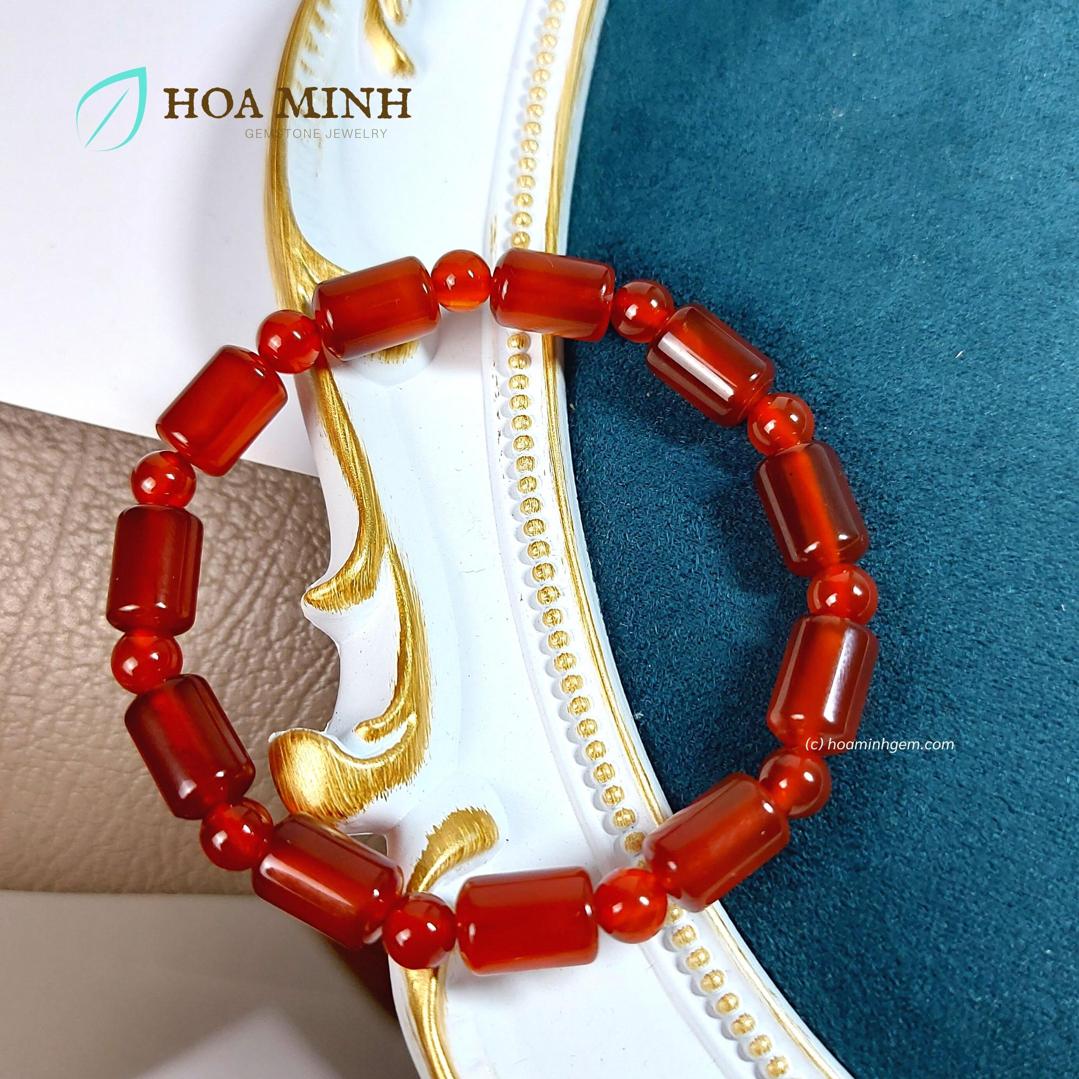 Vòng tay đá Mã Não Lu Thống Đỏ phối xen kẽ viên mã não tròn may mắn, thịnh vượng, hợp mệnh Hỏa Thổ | Hoa Minh Gem