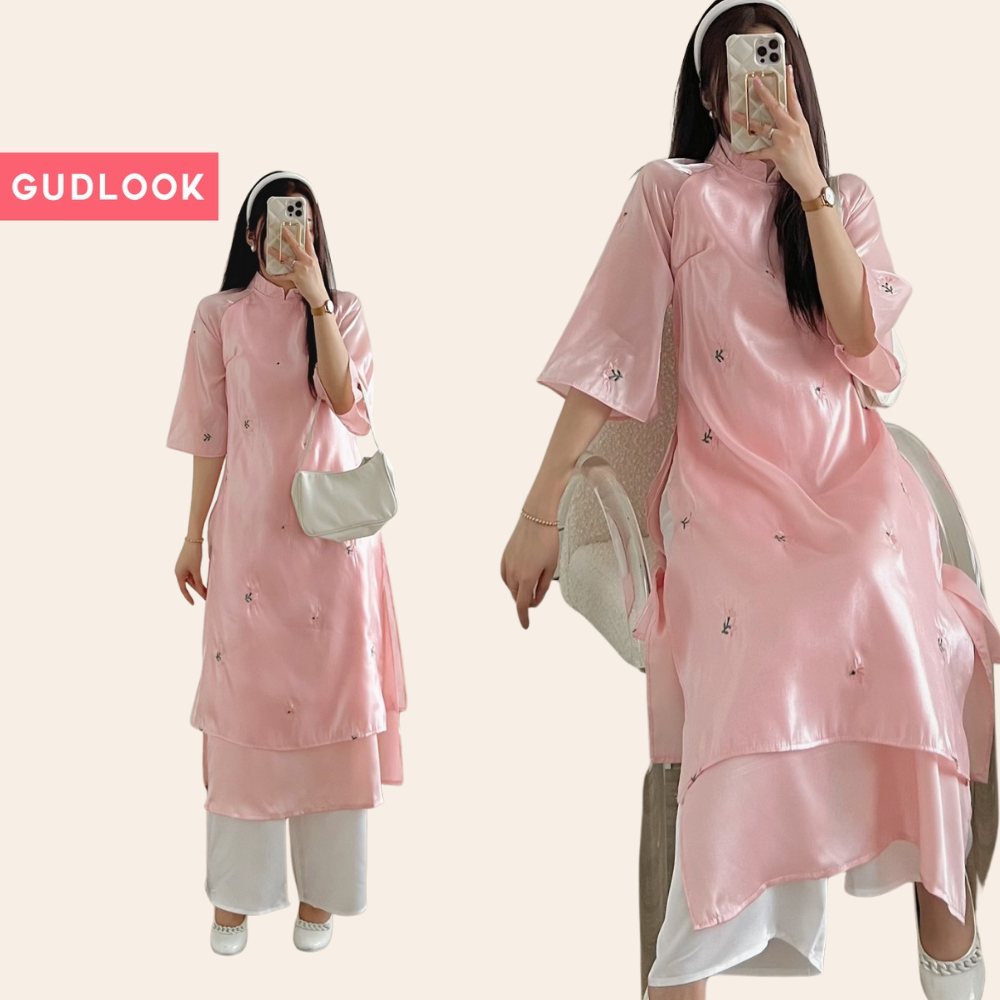 Set áo dài nữ voan thêu hoa cách tân gudlook 4 tà kèm quần lụa