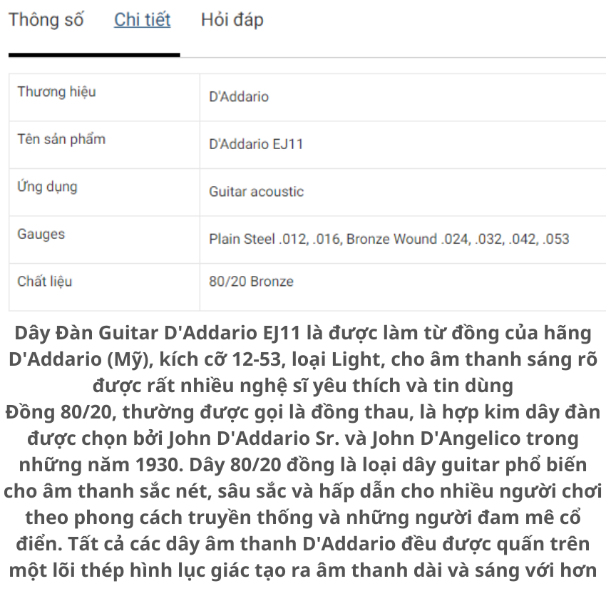 Bộ dây đàn guitar acoustic D'addario EJ11 size 12 chính hãng (80/20 Bronze Strings) light gauge