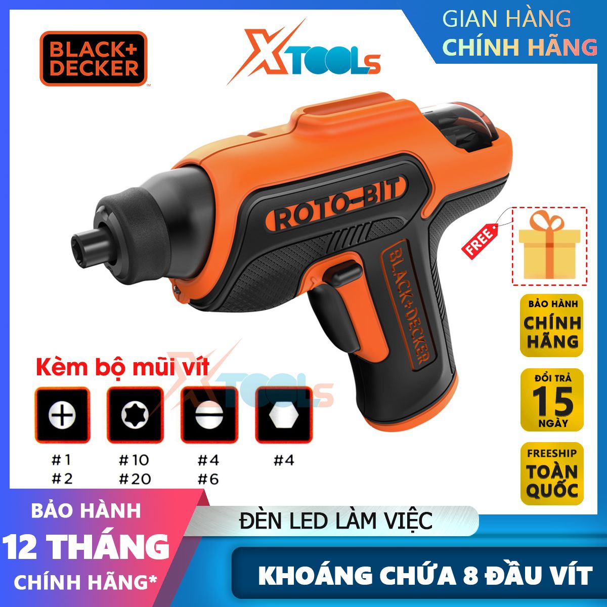 Máy bắn vít dùng pin Black&Decker CS36BSB 4V, máy siết vít cầm tay lực siết 5.5Nm, có đèn led, kèm 8 mũi vít, máy bắt vít cầm tay