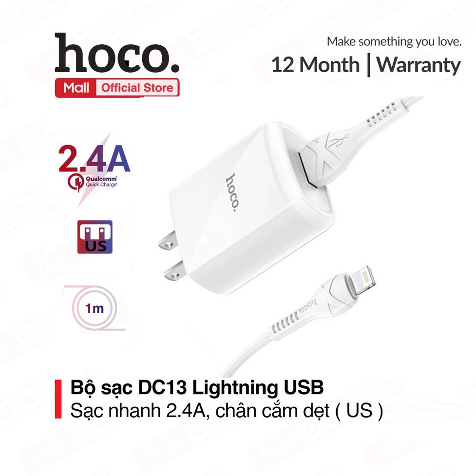 Bộ sạc 2.4A Hoco DC13 chuôi dẹt 1 cổng Usb kèm dây sạc Lightning dài 1M cho iPhone/iPad