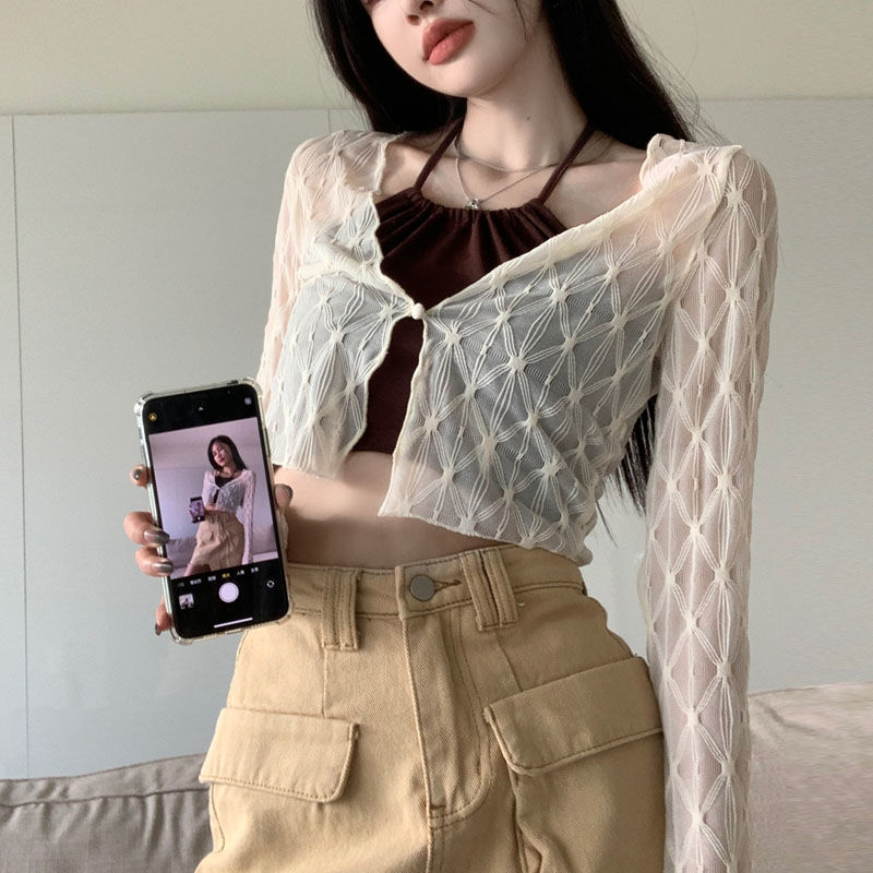 Y2k Lace Small Camisole Sun Protection Cardigan for Women Korean Style Long Sleeve Loose Blouse