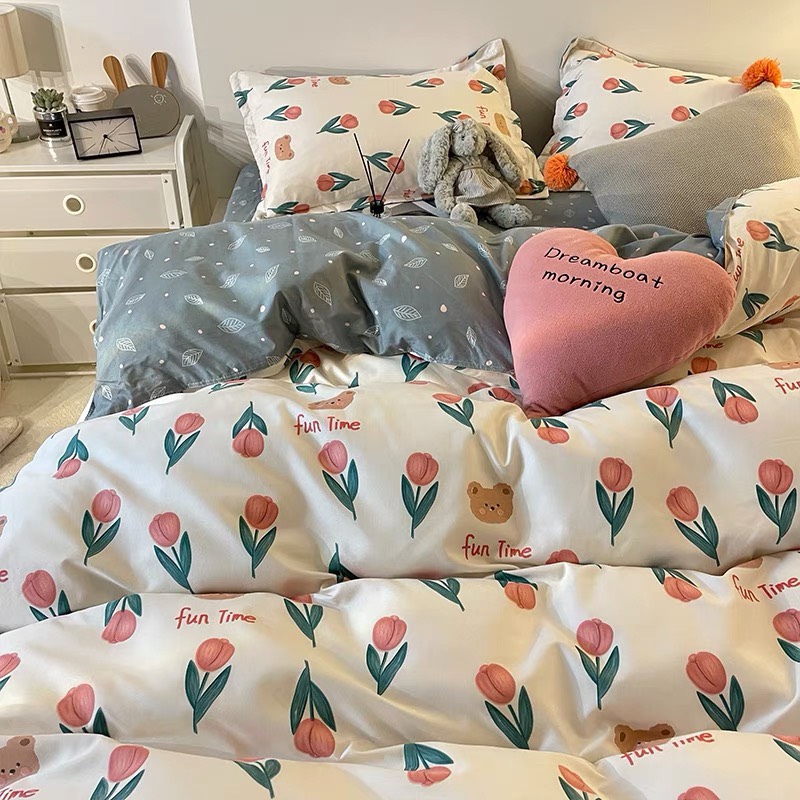 Chăn ga gối cotton poly - Mẫu tuylip xanh