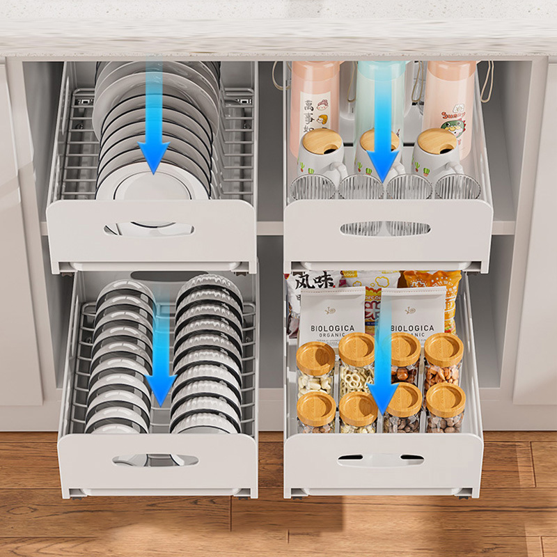 JJT [Miễn Phí Vận Chuyển]Giá đĩa nhà bếp tủ bếp được xây dựng trong Pull-out món ăn tách giá lưu trữ hộ gia đình ngăn kéo Bộ đồ ăn giá giữ ly